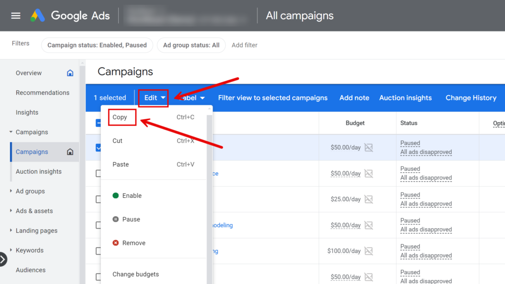 how to duplicate a google ad campaign step 3